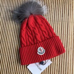 Moncler Red Knit Pom-Pom Beanie