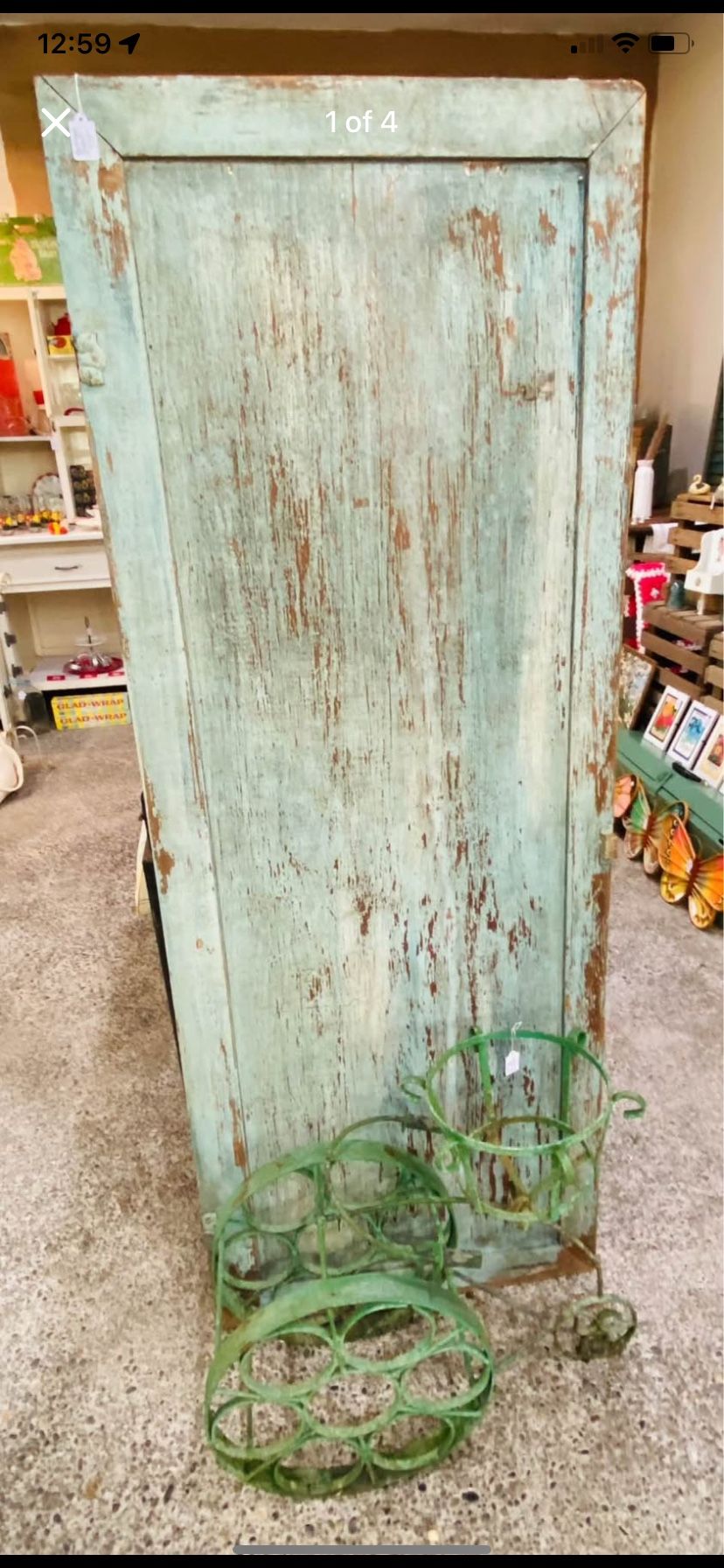 Antique Vintage Blue Chippy Door and Metal Bicycle Plant Stand Shabby Chic Garden Yard Cottage Decor