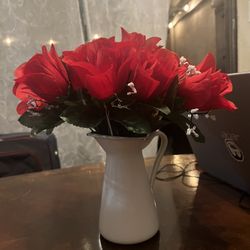 $5 White Pitcher & artificial Roses 