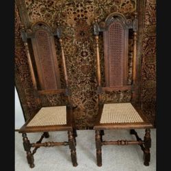 Antique Victorian Oak Caned Carolean Highback Hall Chairs 1900