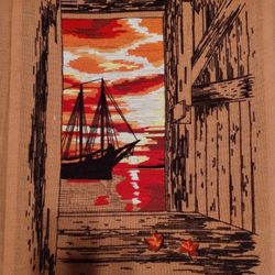 Vintage 1970's ship w/sunset embroidery picture, yellow/orange/brown, MCM, 24x18"