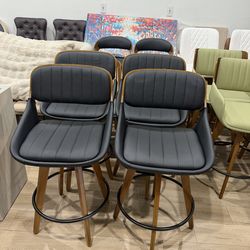 Set of 4 Mid Century Counter Stools - 26.4 inch Swivel CounterStools with Upholstered Faux Leather, Walnut Crafts, Bamboo Legs, Kitchen Island Stools 