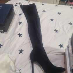 Thigh-high, Black Suede Pointed-Toed Heeled Boots