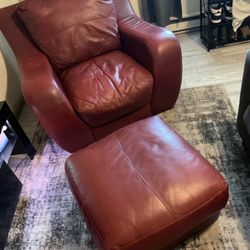 Cherry leather seat and ottoman