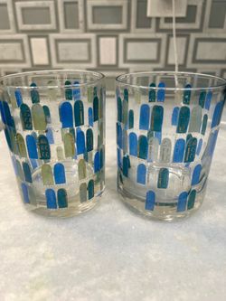 Vintage MCM Blue & Green Arch Tumbler Glasses – Gold Accent Lowball DOF Barware (Pair)