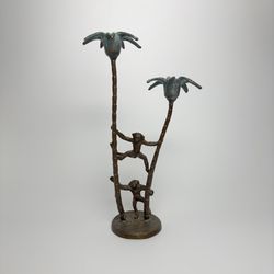 Mid Century Brass Palm Tree Tapered Candle Holder with Monkeys. Andrea by Sadek.  