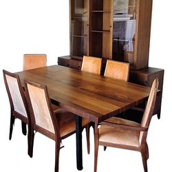 MCM Dillingham Walnut Dining Room Set Table, Chairs, Buffet And Upper Curio