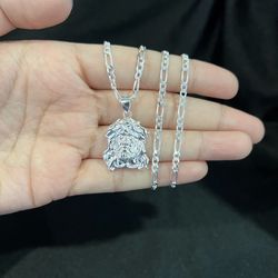 925 Sterling Silver Men Women Jesus Christ God Head Face & Figaro Chain