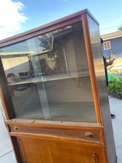 Vintage Wood Display Cabinet with Glass Doors