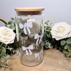 White Bow Glass Cup | Minimalist Aesthetic Cup | Cute 16 oz Bamboo Lid Tumbler