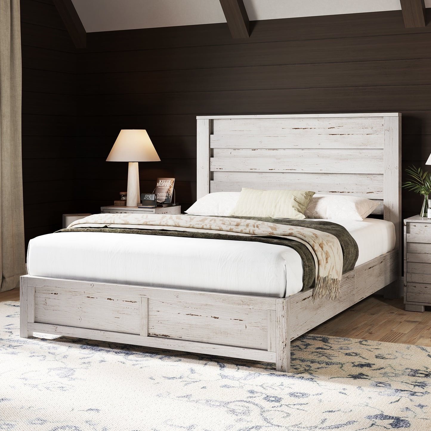 Farmhouse Full Size Bed Frame with 49" Fluted Headboard, Platform Bed with Natural Wood Grain, No Box Spring Needed/Noise Free, Distressed White