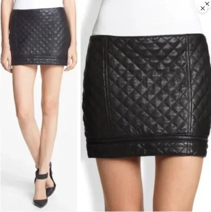 Haute Hippie Black Genuine Leather Moto Quilted Mini Skirt