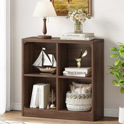 4 Cube Storage Organizer Bookshelf, Small Cube Bookcase, Wood Cubby Shelf for Living Room, Home Office, Bedroom (Dark Walnut, 29.53 Inch)