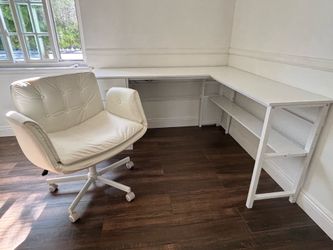 White L-Shaped Corner Desk with Drawers & Chair – $100