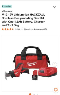 Milwaukee M12 12V Lithium-Ion HACKZALL Cordless Reciprocating Saw Kit with One 1.5Ah Battery, Charger and Tool Bag