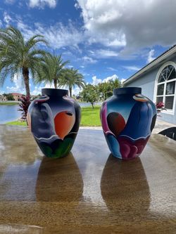 Set of 2 Colorful Hand-Painted Ceramic Vases