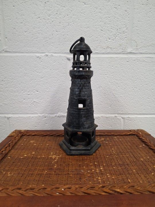 Vintage Cast Metal Lighthouse Candle Holder Lantern – 11.5" Tall Coastal Decor