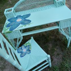 Antique Wicker Hand painted Desk And Chair