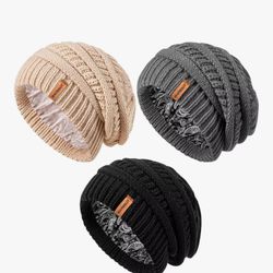 Hat 3 Pack Satin Lined Winter Beanie Hats,Silk Lined Soft Cable Knit Chunky Slouchy Beanie for Women Men