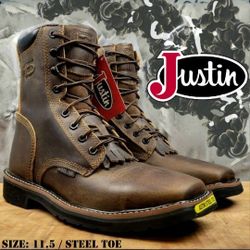 New JUSTIN Original Stampede 8" Steel Toe Work Boots Botas Size: 11.5