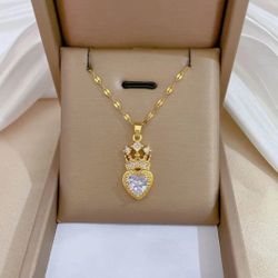 Light Luxurious Queen's Crown Necklace, Versatile Stainless Steel Gold Clavicle
