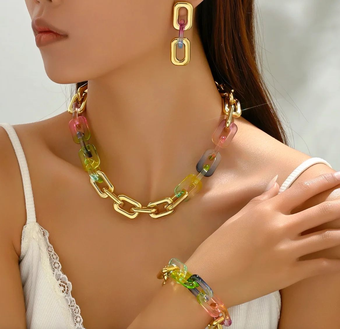 S14- Acrylic Chunky Bohemian Long Chains Necklaces Set For Women!     