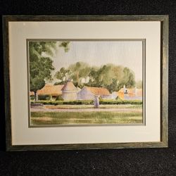 Vintage & Original textured watercolor painting of a village signed by the artist!