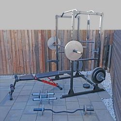 Heavy Rack, Bench, Bars, and Weights (7ft H 4.5ft W 4ft D) - $1,000
