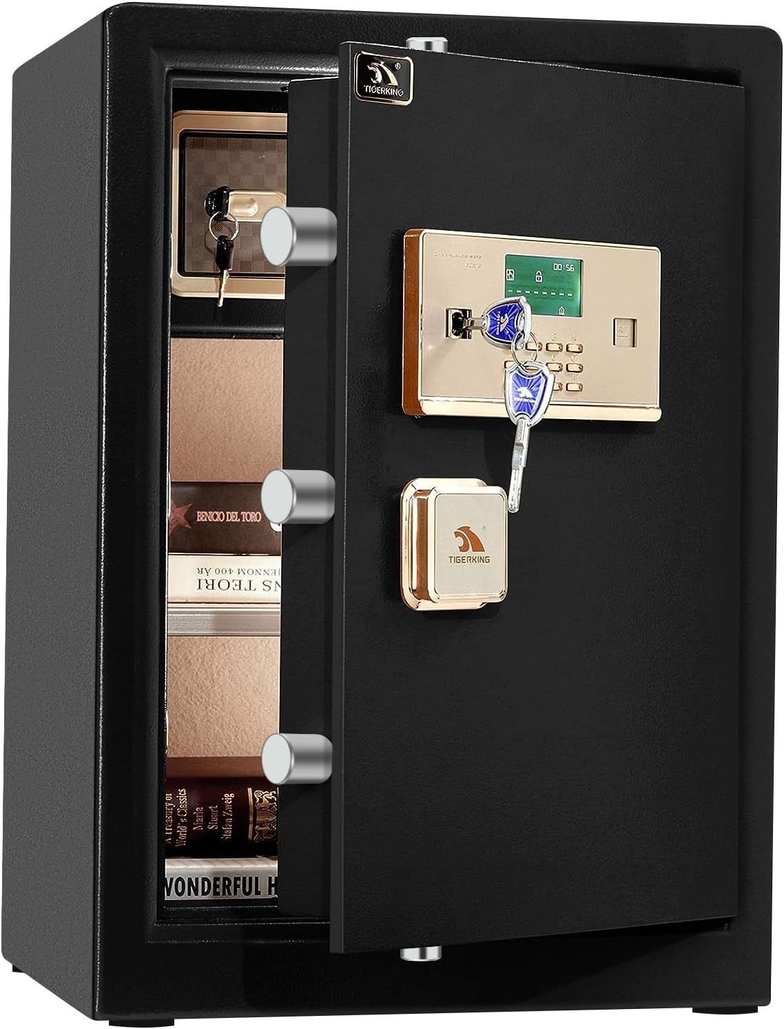 TIGERKING Safe Box,Home Safe,Large Security Box with Double Safety Key Lock and Password for Money and Document,3.7 Cubic Black