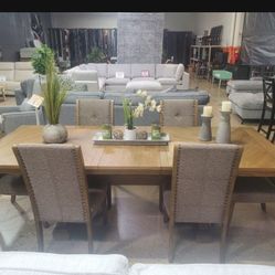 Beautiful 7pc Dining Set With Leaf And Fabric Chairs (New)