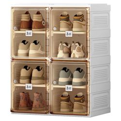 2 Foldable Shoe Storage Boxes 8-Pack with Transparent Magnetic Doors Brown