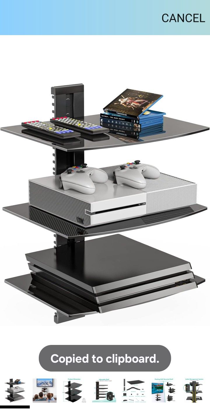 WALI Floating Entertainment Center Shelves, Holds Up to 17.6lbs, TV Shelf with Strengthened Tempered Glasses for DVD Players, Cable Boxes