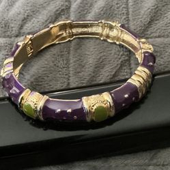 Vintage Purple & Green Enamel Bamboo Hinged Bangle – Gold Tone – Unmarked