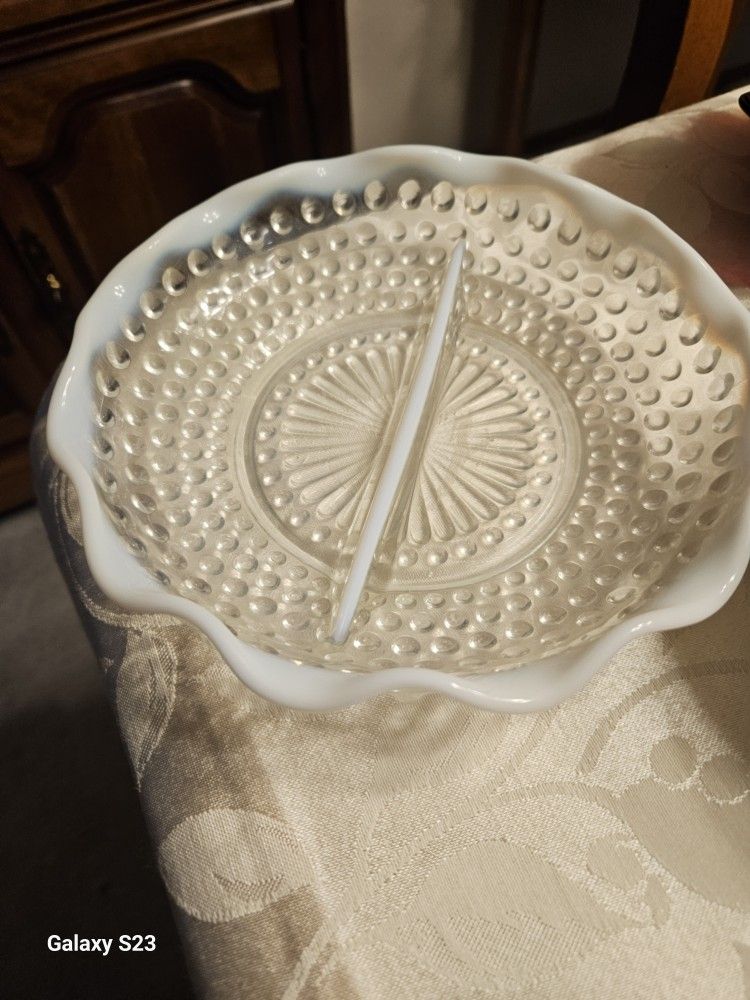 Vintage Fenton Moonstone Opalescent Hobnail Divided Dish