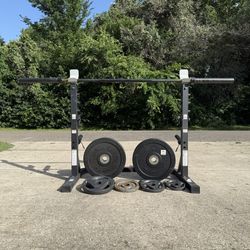 Adjustable Weider Squat Rack + 225 lbs Olympic Weights + 35 lb Barbell
