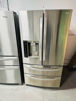 LG stainless steel refrigerator (36" x 69" x 29") with a receipt for a 90-day warranty.