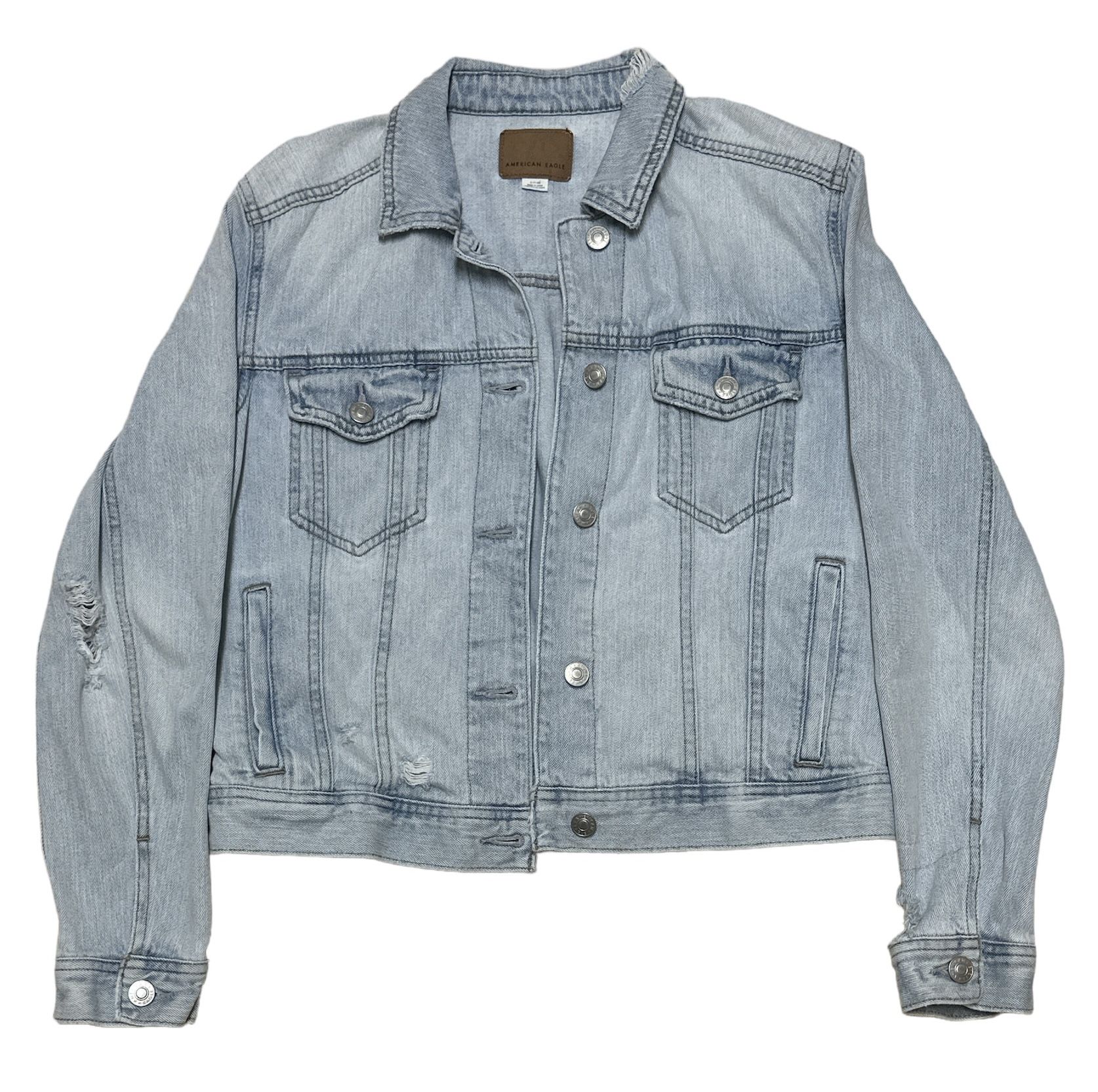American Eagle Women’s Ripped Long Sleeve Blue Denim Jean Jacket Size S