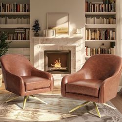 Swivel Accent Chairs Set Of 2 Mid Century Barrel Leather Oversized Swivel Chair With Metal Leg
