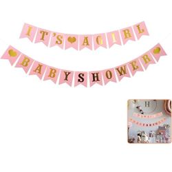 Rose Gold "It's A Girl" Letter Hanging Pennant Banner with Phrase "It's A Girl" for Newborn Baby Shower Birthday Party DIY Decoration Supplies