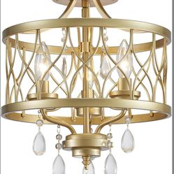 Farmhouse Crystal Ceiling Light Fixture, 3-Light Semi Flush Mount Crystal Chandelier Light Fixture Rustic Vintage Gold Pendant Ceiling Lamp for Hallwa