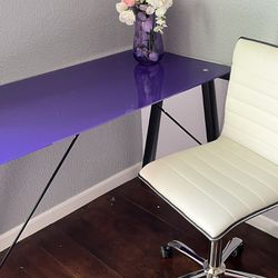 Purple  Glass Top Desk And White Chair 