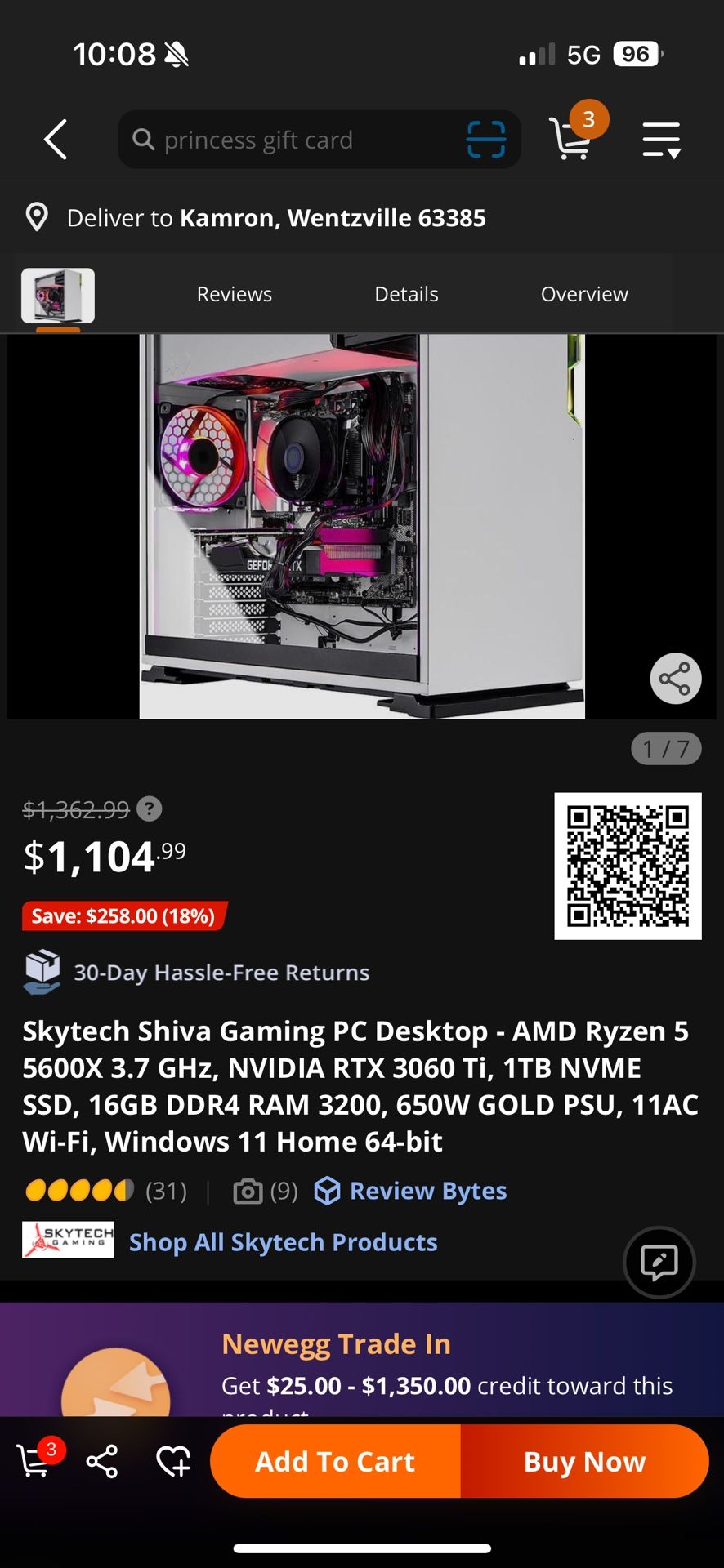Skytech Shiva Gaming PC Desktop - AMD Ryzen 5 5600X 3.7 GHz, NVIDIA RTX 3060 Ti, 1TB NVME SSD, 16GB DDR4 RAM 3200