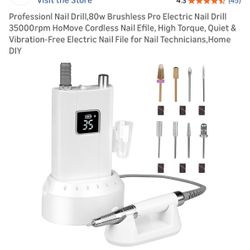 Professionl Nail Drill,80w Brushless Pro Electric Nail Drill 35000rpm HoMove Cordless Nail Efile, High Torque, Quiet & Vibration-Free Electric Nail Fi