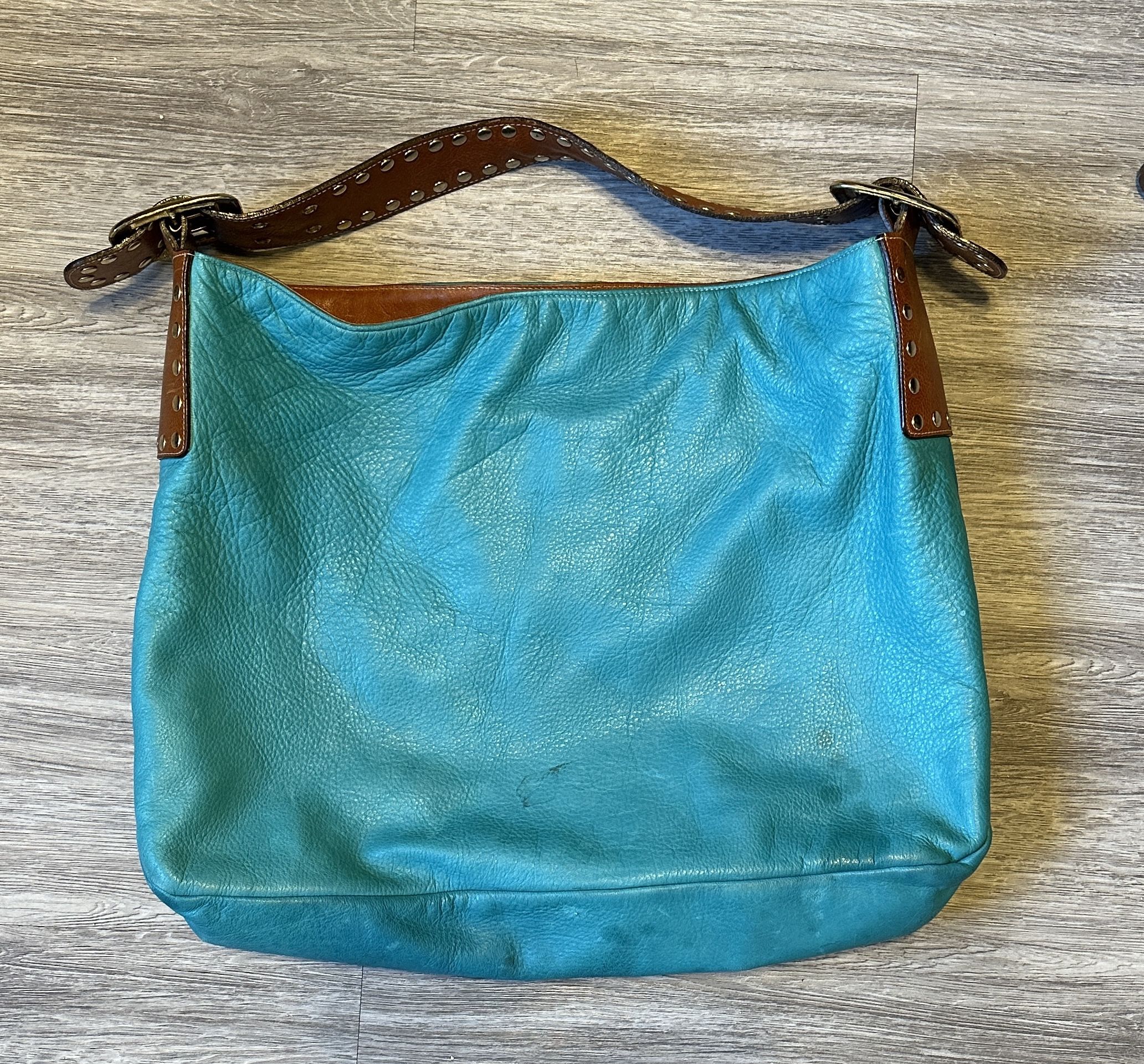 Leather Studded Tote Bag Turquoise Brown Be&D