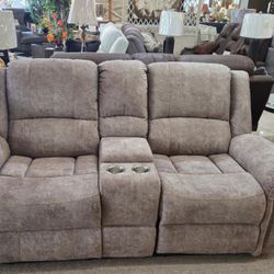 Light Brown Velvet Power Reclining Loveseat with Console