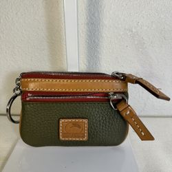 Dooney & Bourke Pebble Grain Small Coin Case in a Forest Green and Tan