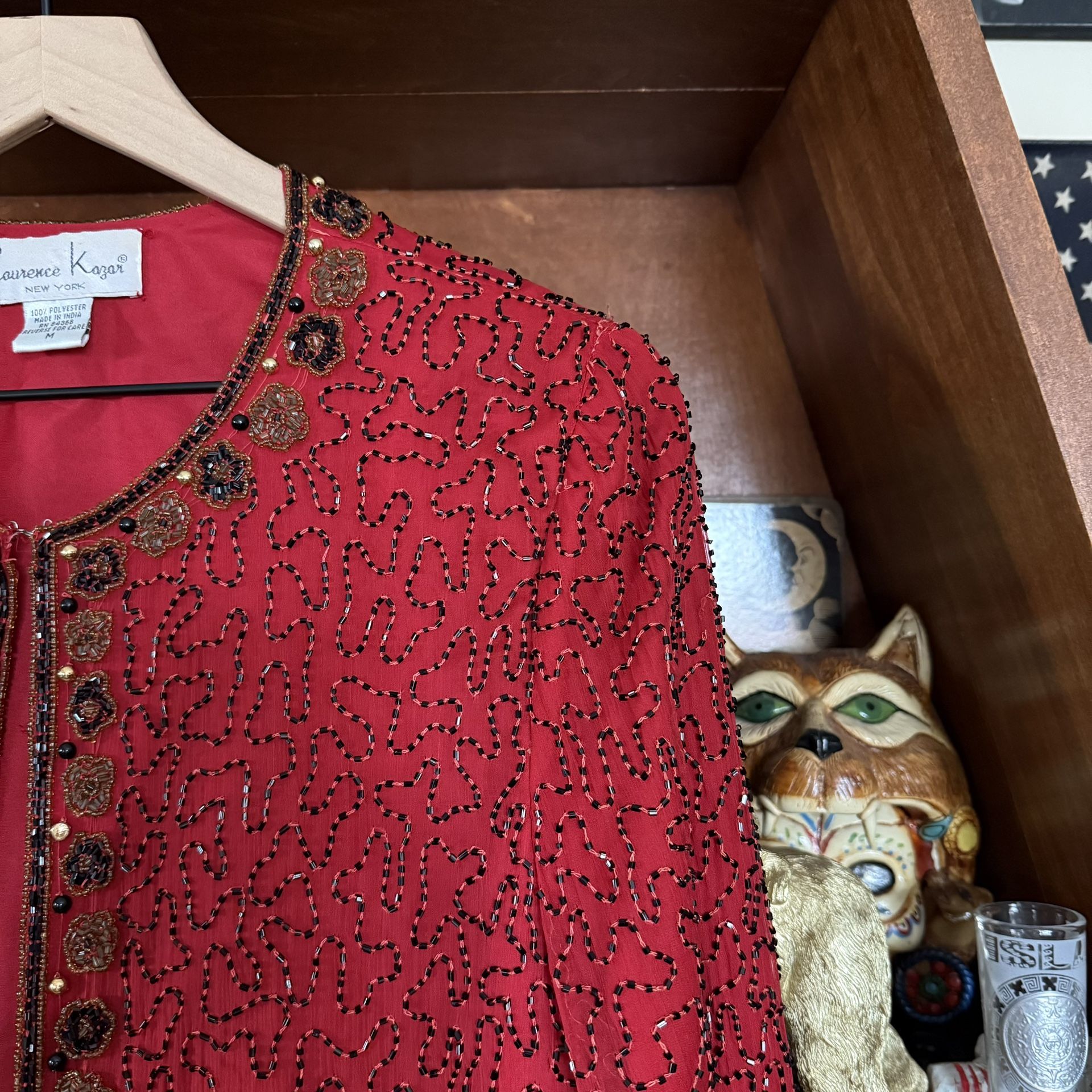 Laurence Kazar - Vintage 1980’s Red Beaded 100% Silk Jacket - Women’s Medium