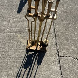vintage brass fireplace tool set with stand (shovel, poker, brush, and tongs)