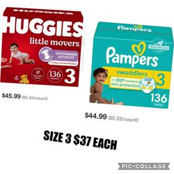 DIAPERS HUGGIES AND PAMPERS SIZE 3 4 5 6 7 $37 EACH