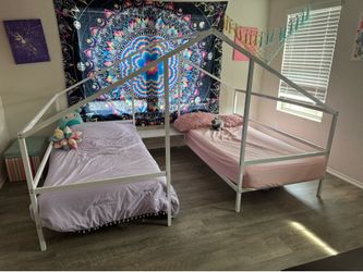 Merax Metal Double Twin Size Triangular House Beds with Built-in Table, White